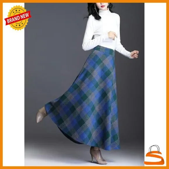 Wool Plaid Maxi Skirt High Waist A-Line Pleated with Pockets - Picture 4 of 6